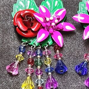 Vintage Earrings 80's Dangle Pierced Beaded Metal Enamel Floral Fashion Jewelry
